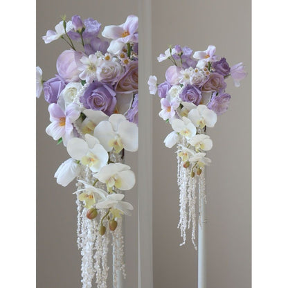 Luxury White & Light Purple Cascading Bridal Bouquet | Premium Silk Rose & Orchid Waterfall Wedding Flower for Brides