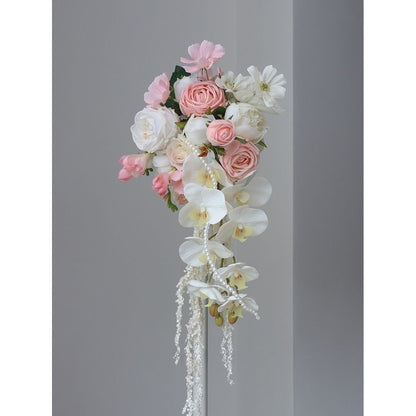 Luxury White & Blush Pink Cascading Bridal Bouquet | Premium Silk Rose & Orchid Waterfall Wedding Flower for Brides