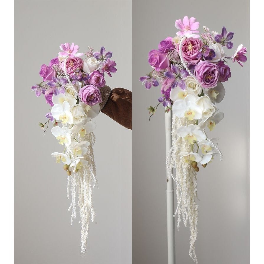 Luxury White & Light Purple Cascading Bridal Bouquet | Premium Silk Rose & Orchid Waterfall Wedding Flower for Brides