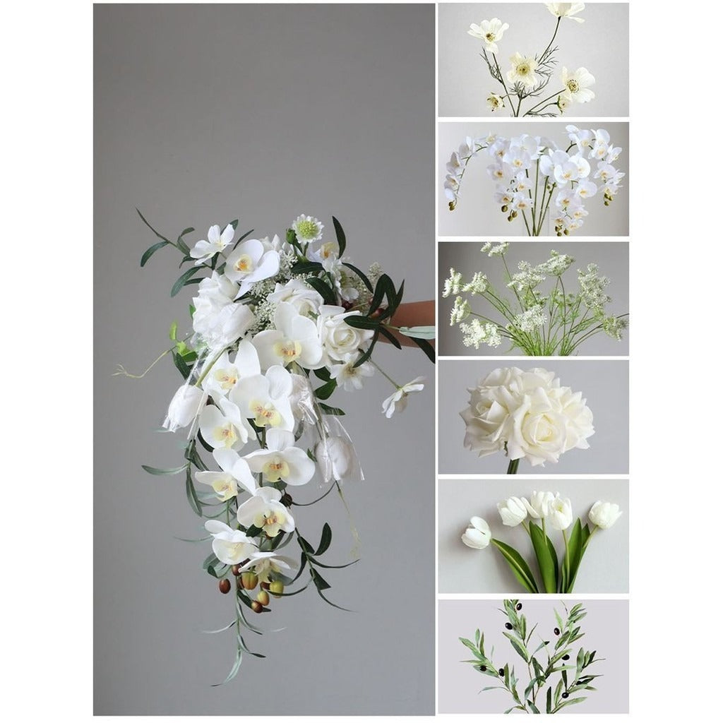 Luxurious Cascading Artificial Bridal Bouquet | Premium White Silk Waterfall Wedding Flower for Brides