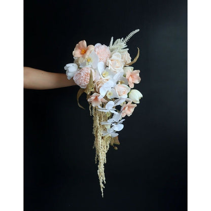 Luxury White & Blush Pink Cascading Bridal Bouquet | Premium Silk Rose & Orchid Waterfall Wedding Flower for Brides