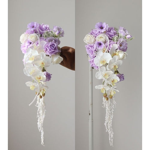 Luxury White & Light Purple Cascading Bridal Bouquet | Premium Silk Rose & Orchid Waterfall Wedding Flower for Brides