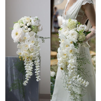 Luxurious Cascading Artificial Bridal Bouquet | Premium White Silk Waterfall Wedding Flower for Brides