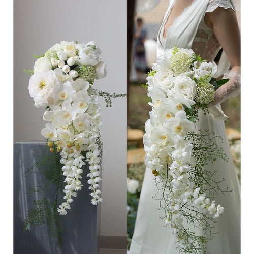 Luxurious Cascading Artificial Bridal Bouquet | Premium White Silk Waterfall Wedding Flower for Brides