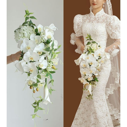 Luxurious Cascading Artificial Bridal Bouquet | Premium White Silk Waterfall Wedding Flower for Brides
