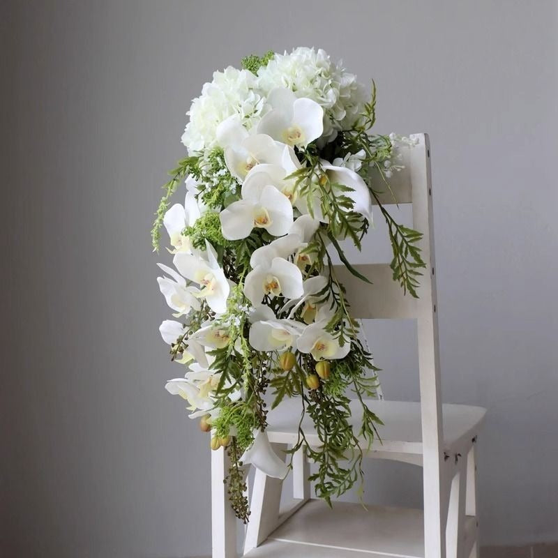 Luxurious Cascading Artificial Bridal Bouquet | Premium White Silk Waterfall Wedding Flower for Brides