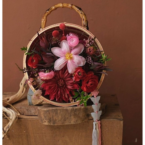 Handcrafted Round Bamboo Handle Flower Basket - Natural Bamboo Wedding & Event Decor Basket