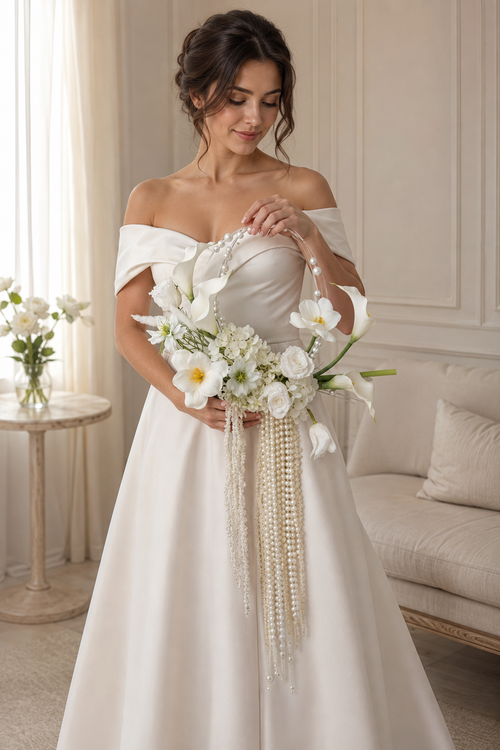 Luxury Pure White Pearl Hoop Bridal Bouquet | White & Ivory Round Bridal Bouquet