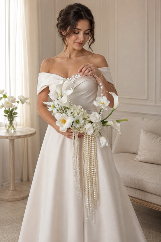 Luxury Pure White Pearl Hoop Bridal Bouquet | White & Ivory Round Bridal Bouquet