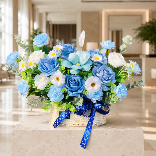 Blue Silk Flower Basket Arrangement