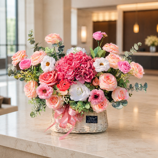 Pink Silk Flower Basket Arrangement