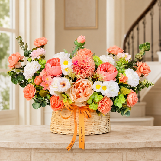 Warm Sunset Orange Silk Flower Basket Arrangement