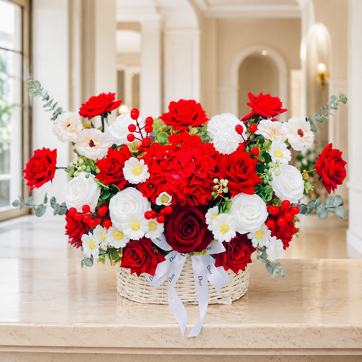 Red Silk Flower Basket Arrangement