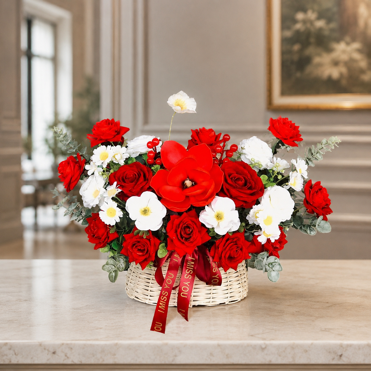 Red Silk Flower Basket Arrangement