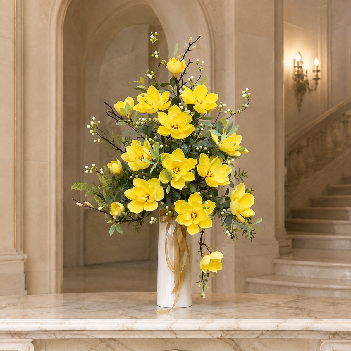 Real-Touch Yellow Magnolia Arrangement
