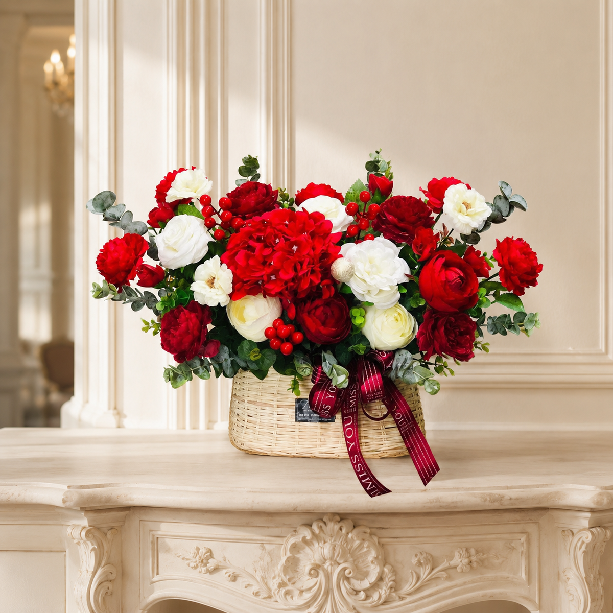 Red Silk Flower Basket Arrangement