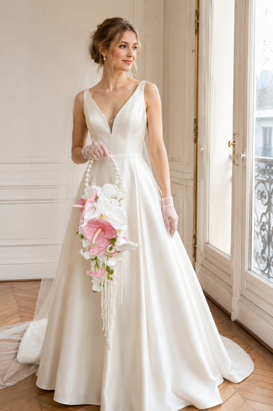 Luxury Pure White Pearl Hoop Bridal Bouquet | Pastel Pink Round Bridal Bouquet