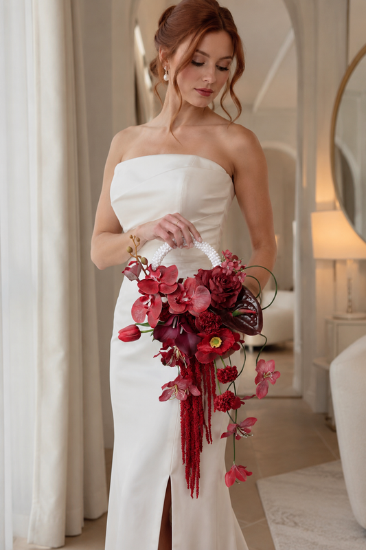 Luxury Pure White Pearl Hoop Bridal Bouquet | Red Round Bridal Bouquet