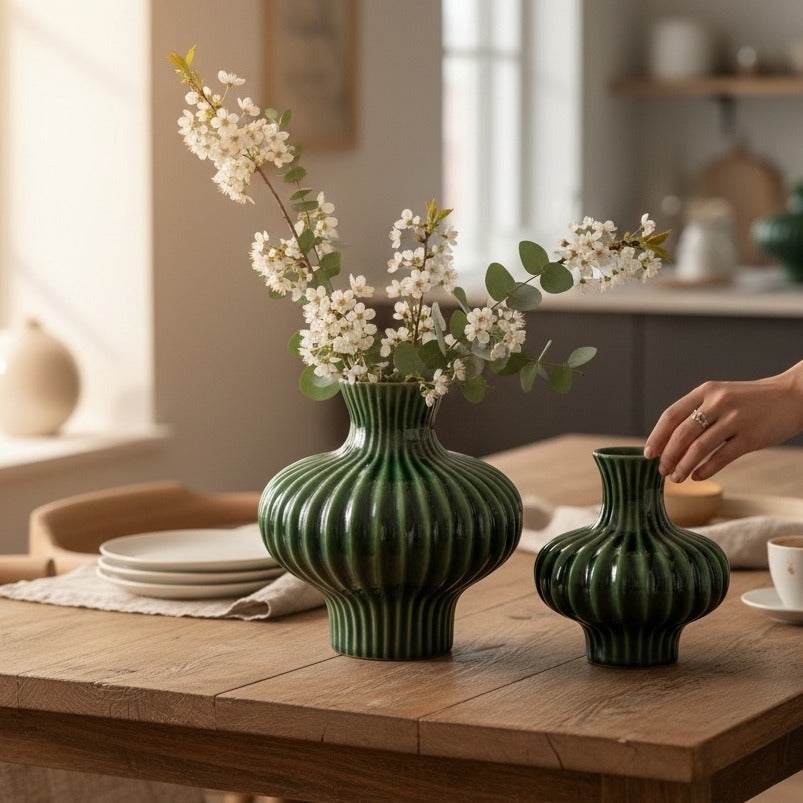 Handcrafted Bat Trang Celadon Ceramic Vase | Emerald Green Color Lantern & Heart Lantern Shape Flower Pot